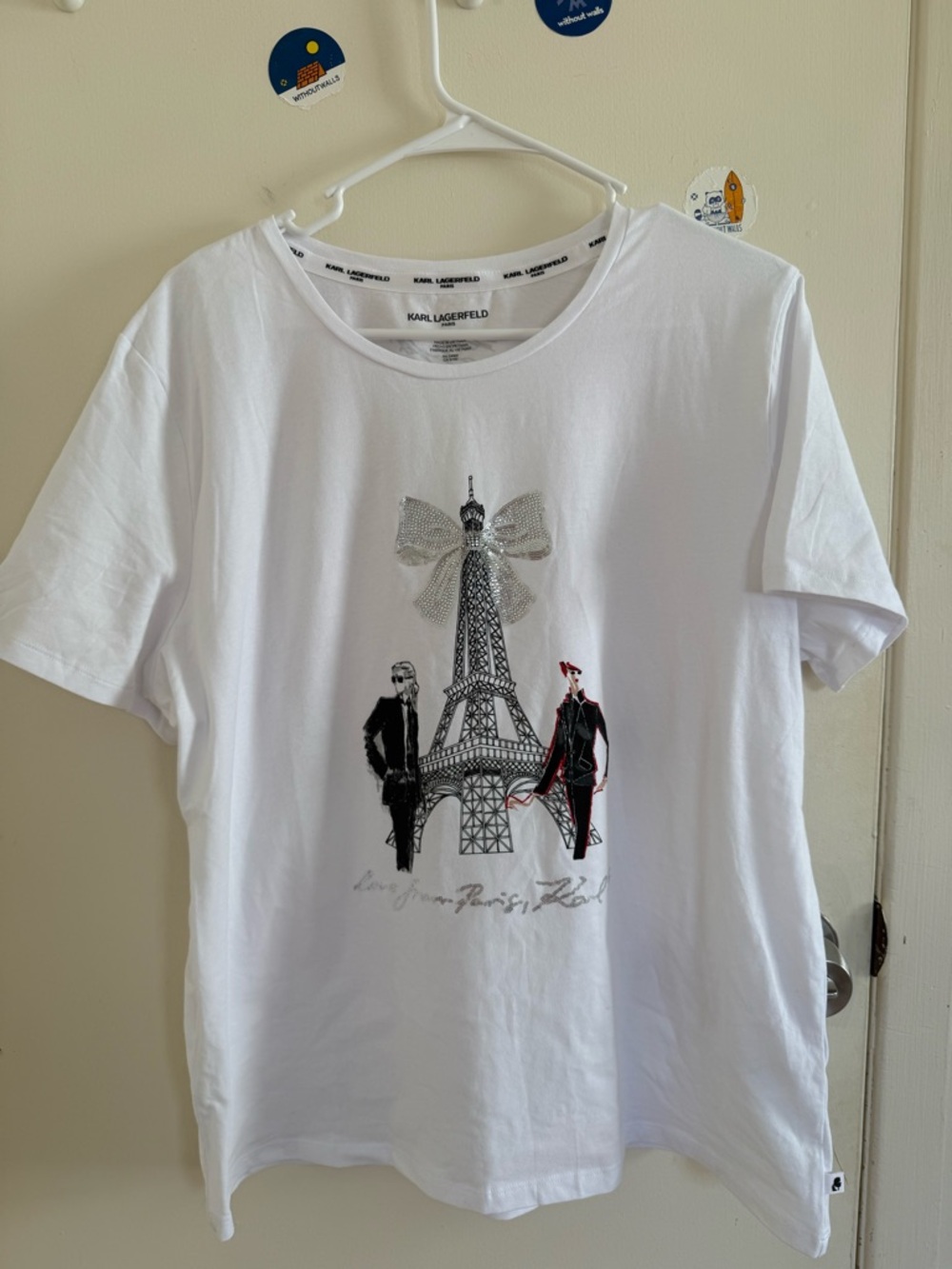 New Karl Lagerfeld White Graphic Eiffel T-Shirt - Size XL